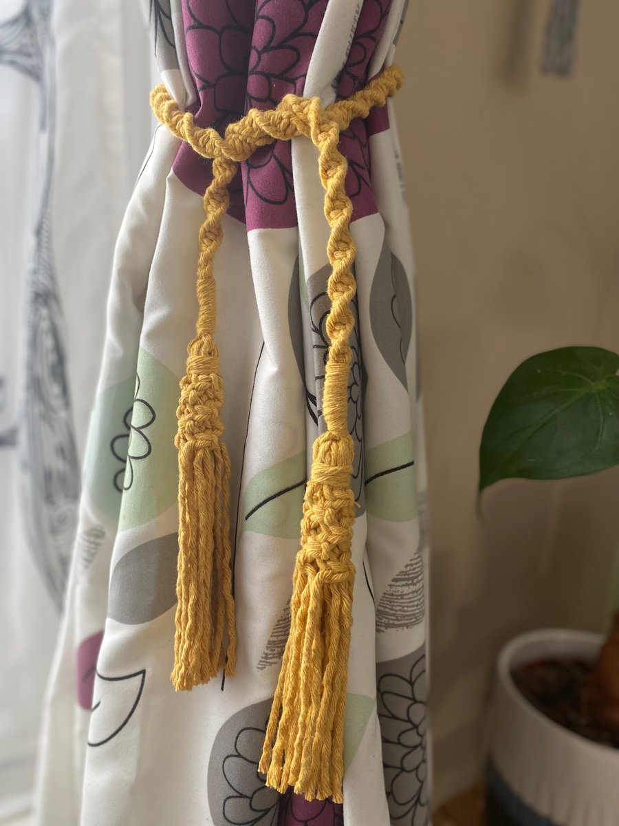 Mustard macrame tie back for curtains, curtain tiebacks, curtain holdback