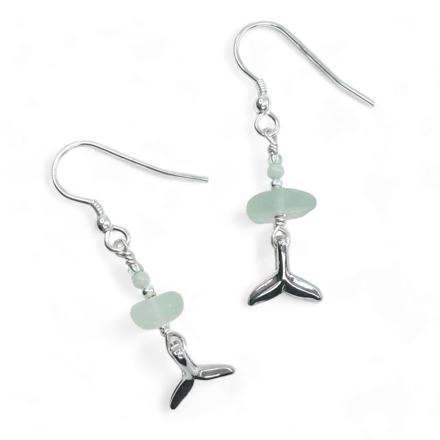 Whale Earrings. Green Sea Glass & Amazonite Crystal Beads. Silver Jewellery