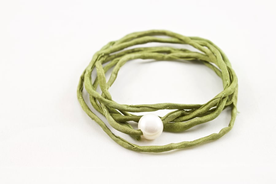 White Freshwater Round Pearl On Hand Sewn Raw Silk Cord Necklace or Bracelet