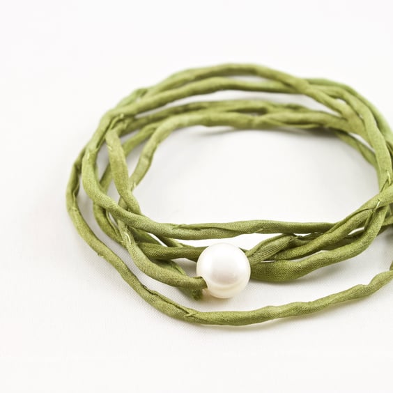 White Freshwater Round Pearl On Hand Sewn Raw Silk Cord Necklace or Bracelet