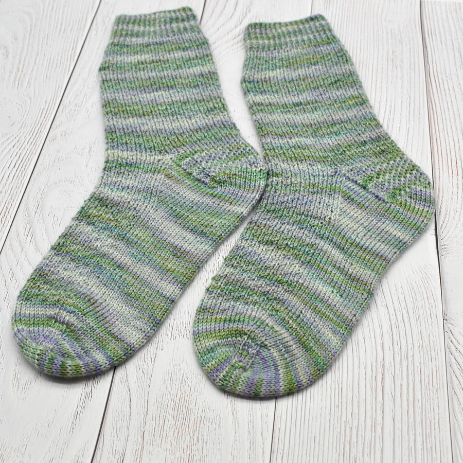 SOLD - Hand Knitted socks - shades of green and purple - UK 6-9