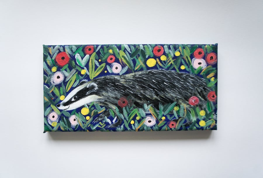 Badger In Wildflowers Acrylic Painting