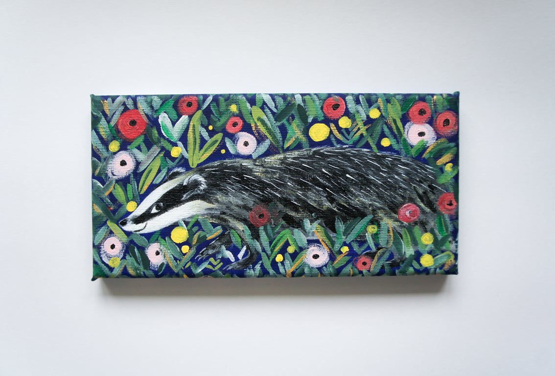 Badger In Wildflowers, Original Painting On Canvas