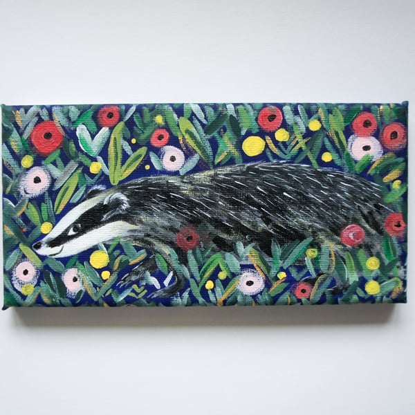 Badger In Wildflowers, Original Painting On Canvas