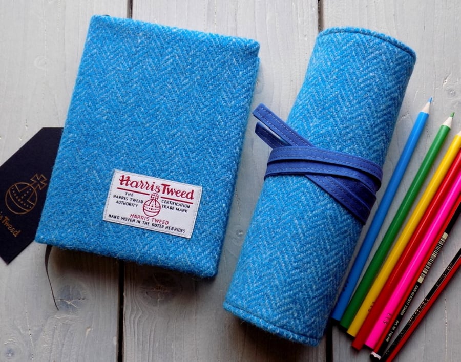 Harris Tweed artist's gift set. A6 sketchbook and pencils roll in turquoise