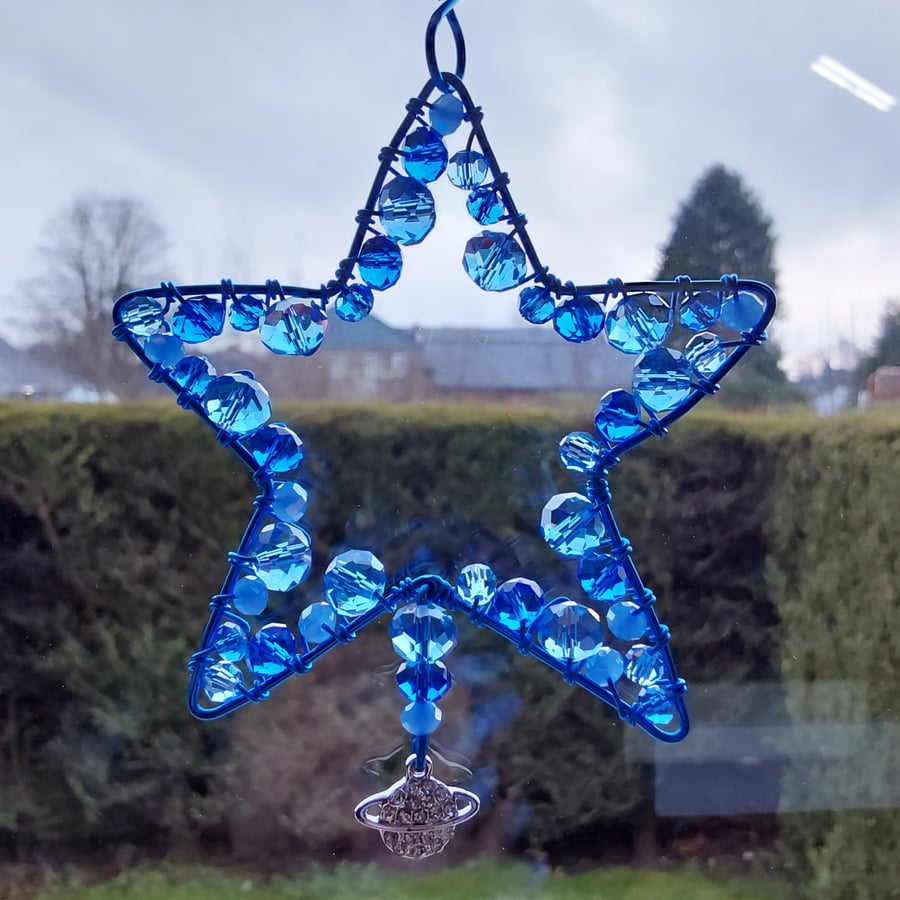 Handmade Blue Star Sun Catcher Hanging Decoration Wire and Beads Unique Design