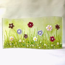 Pink Meadow Flowers Fused Glass Wave