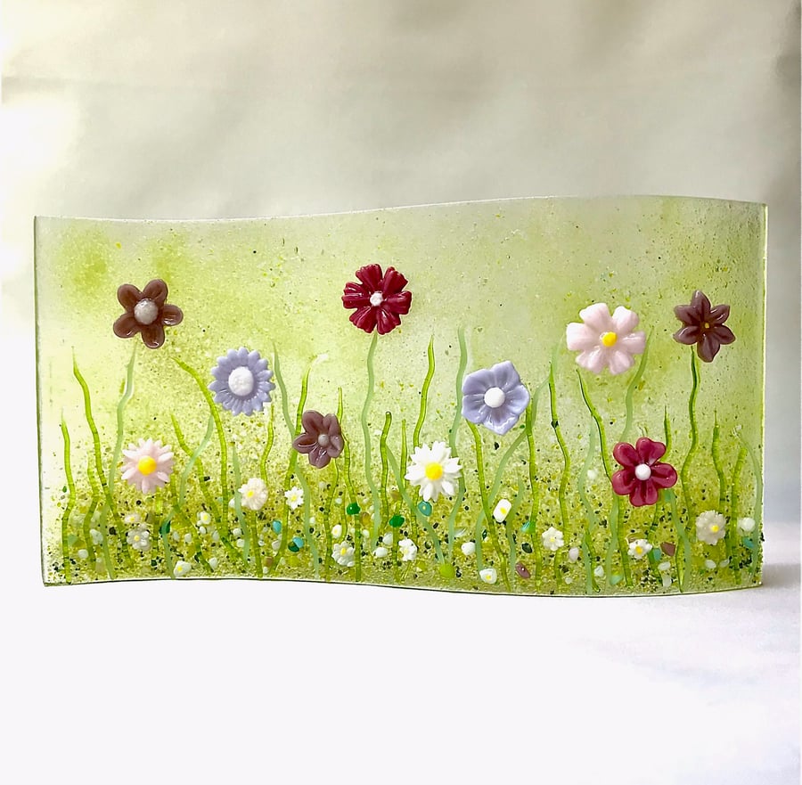 Pink Flowers Meadow Fused Glass Standing Wave