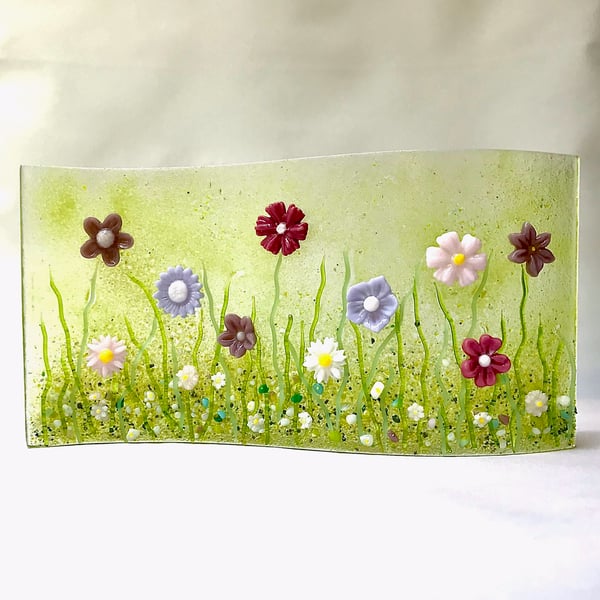 Pink Flowers Meadow Fused Glass Standing Wave