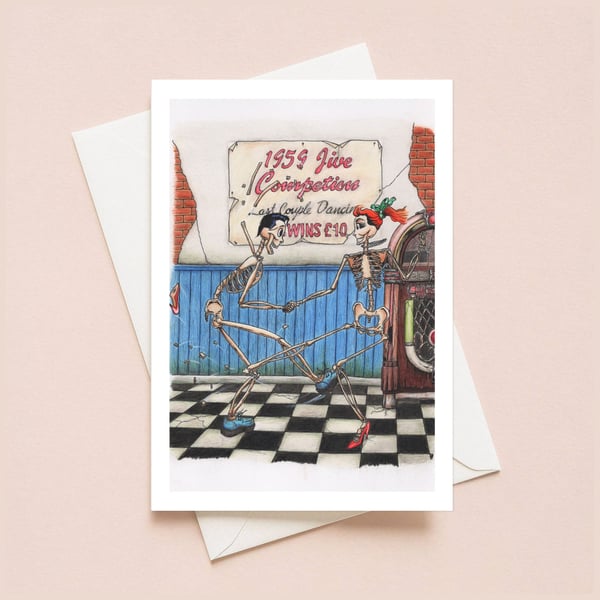 Dancing Skeletons Greeting Card:  Fun Cartoon Art for Any Occasion (504)