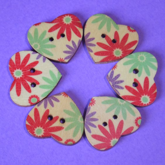 Wooden Heart Buttons Floral Purple Red Aqua 6pk 25x22mm (H28)