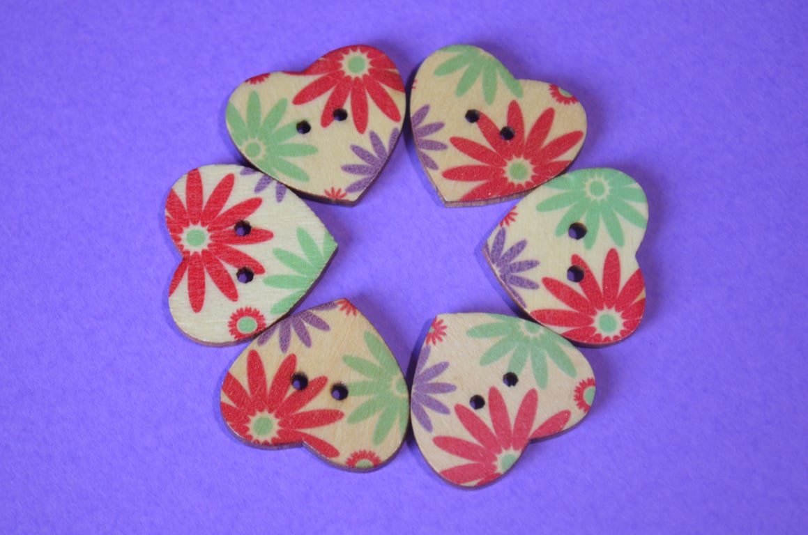 Wooden Heart Buttons Floral Purple Red Aqua 6pk 25x22mm (H28)
