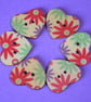Wooden Heart Buttons Floral Purple Red Aqua 6pk 25x22mm (H28) - Image 1