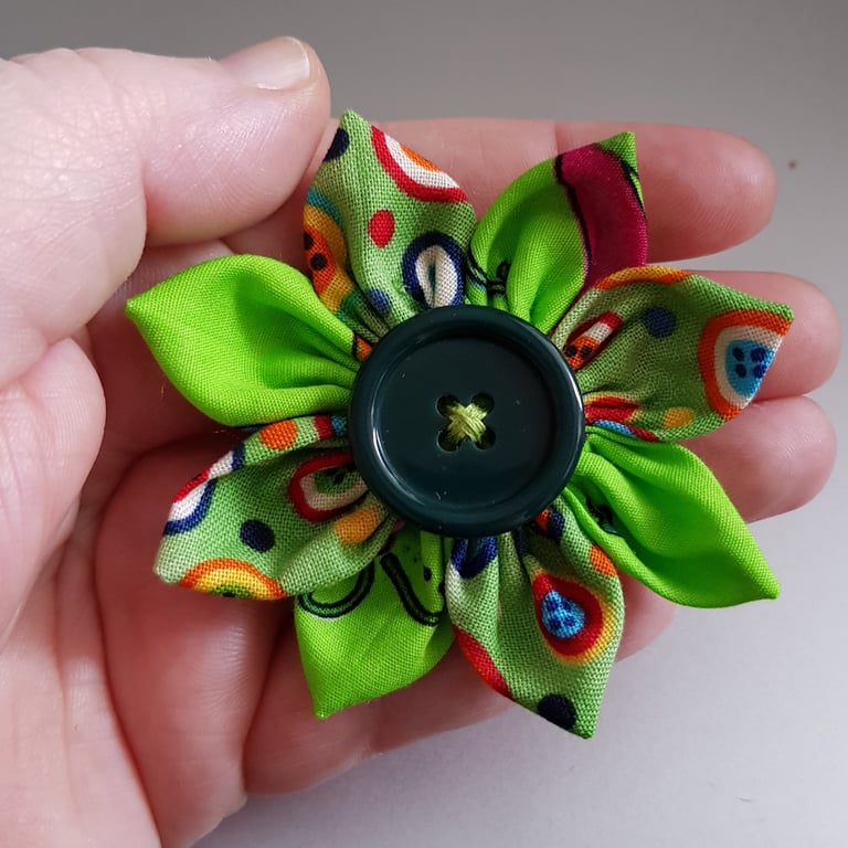Lime Green Fabric Flower Brooch with Dark Green Button - Colourful Textile Pin