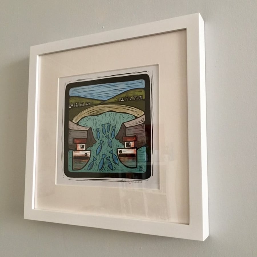 Art print illustration Cornish themed wall art fishing boat and seascape framed