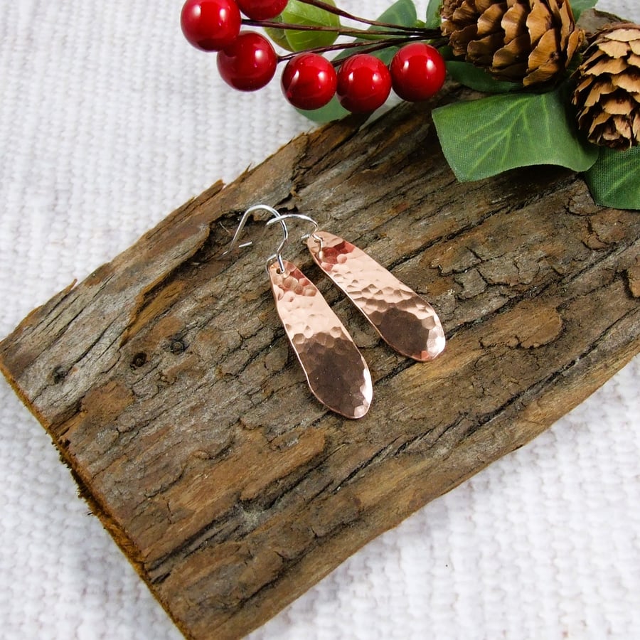 Earrings, Copper Teardrops with Hammered Pattern and Silver Earwires
