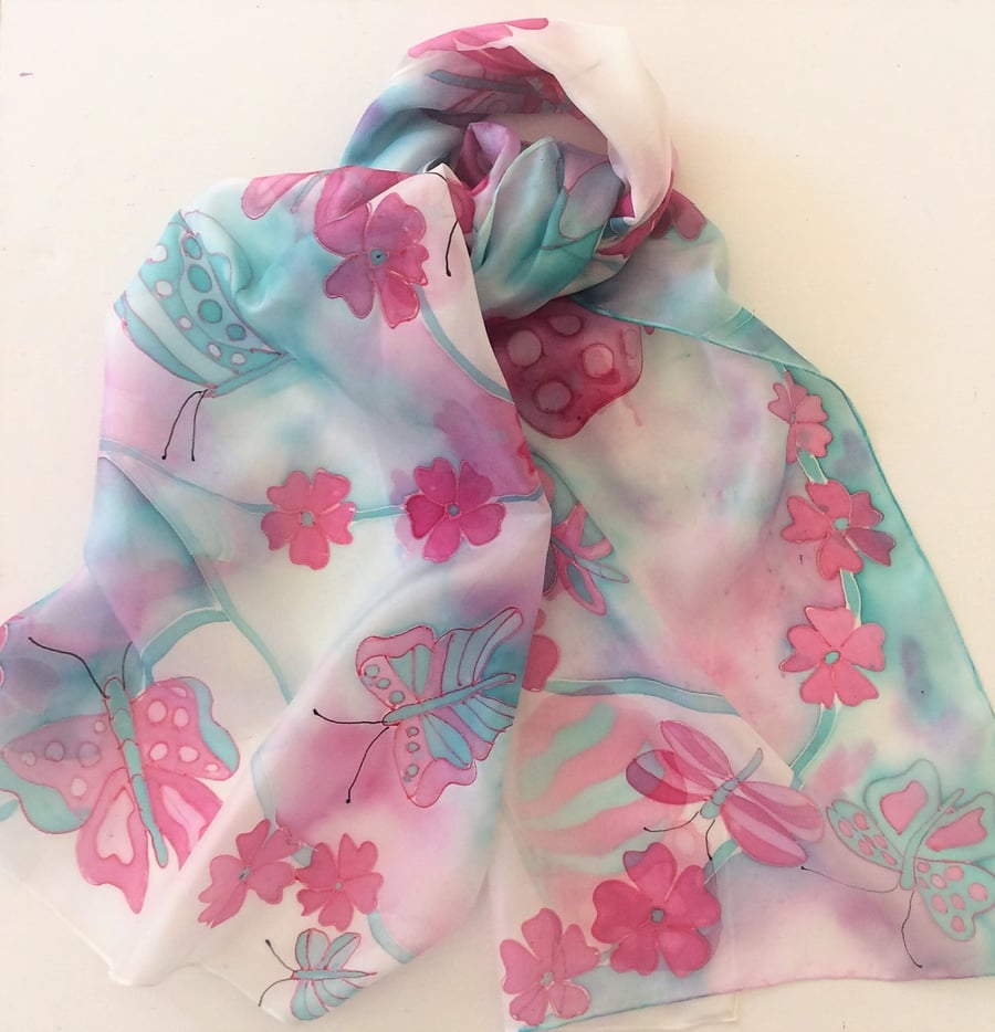 Pink and Turquoise Butterfly hand painted silk scarf