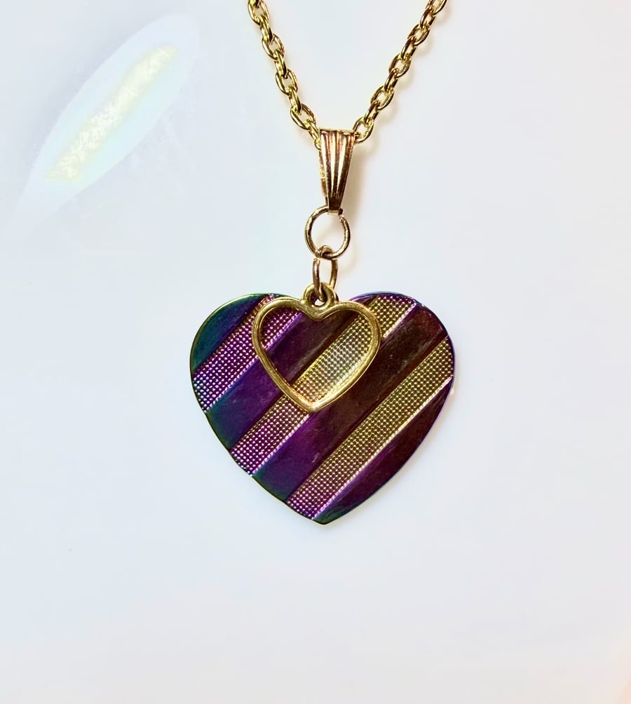 Purple Striped Pendant Heart Necklace with 14K Gold Chain, Hollow Gold Heart