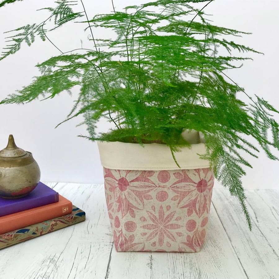 Hand Printed Linen Storage Basket, Textile Basket, Plant Pot - Rose Pink