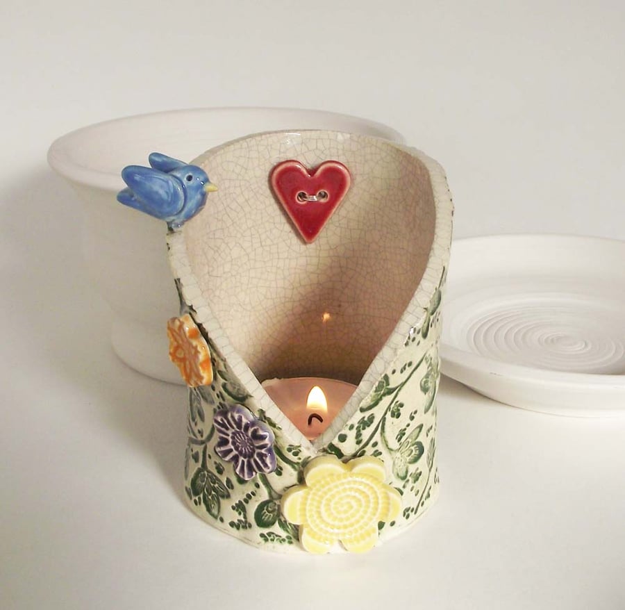 Spring flowers and bird ceramic candle holder