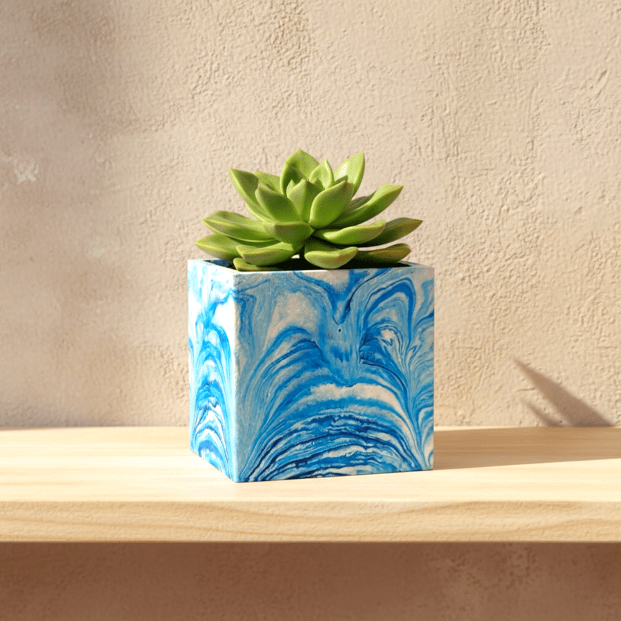 Blue and White Marbled Square Plant Pot Indoor Planter