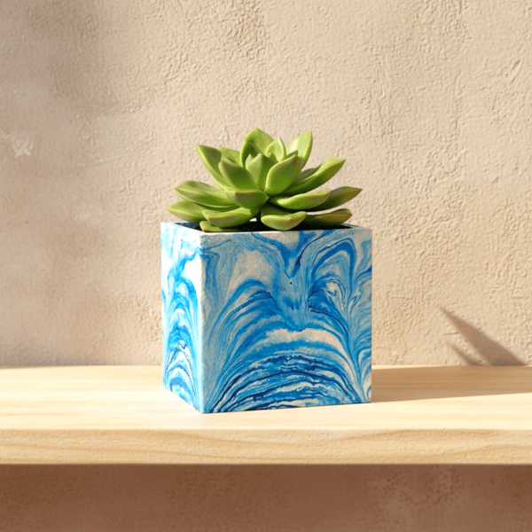 Blue and White Marbled Square Plant Pot Indoor Planter