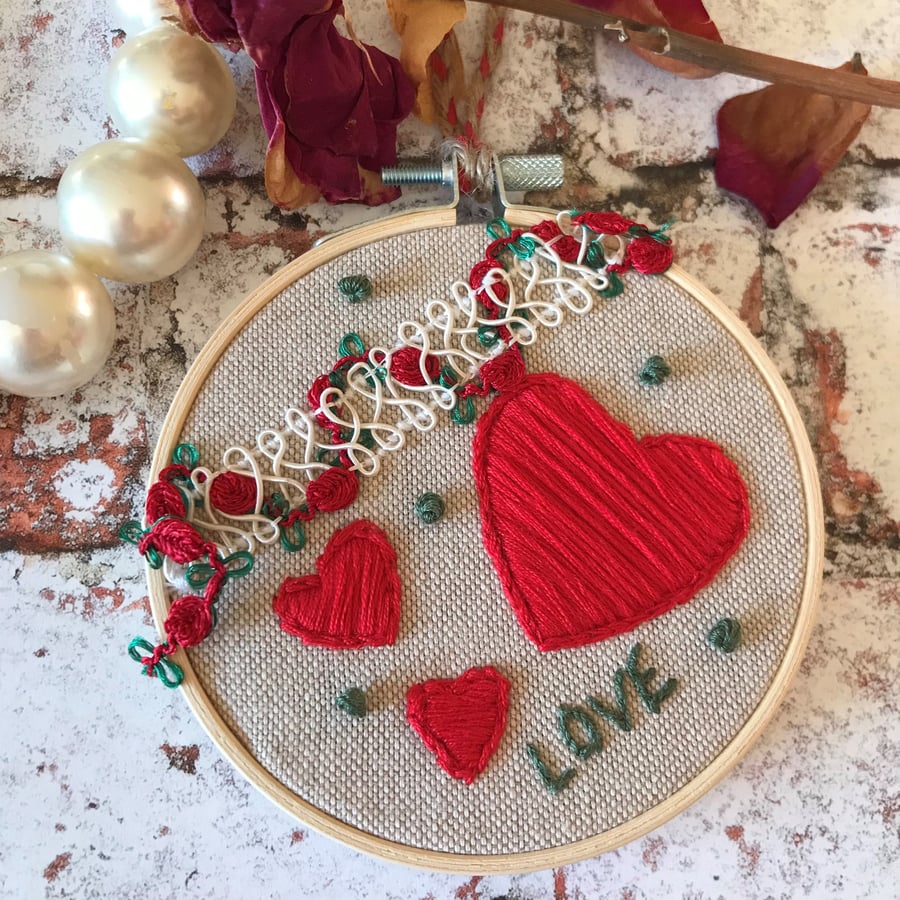 Hand Embroidered ‘Hearts and Love’ Hoop Art