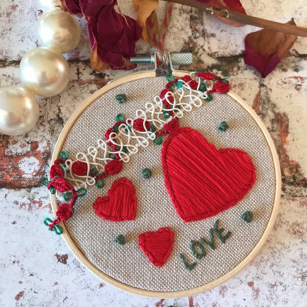 Hand Embroidered ‘Hearts and Love’ Hoop Art