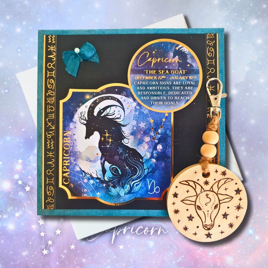 Capricorn Zodiac Star Sign Card, Wooden Keyring, or as a Set, Celestial Gift
