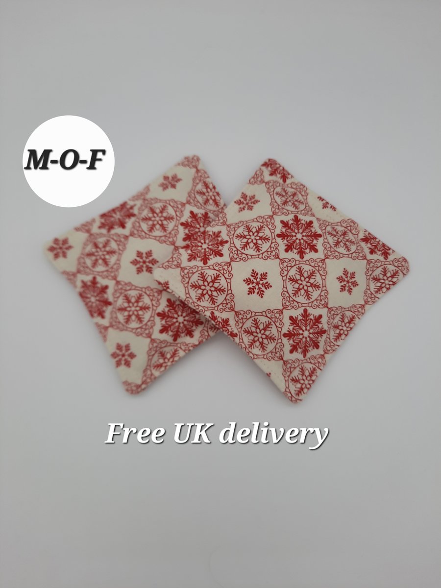 Hand warmers - red snowflake cotton, rice filled pair.