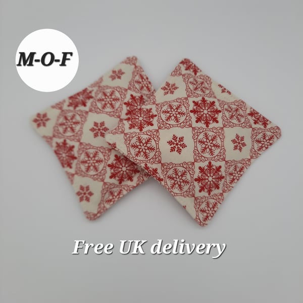 Hand warmers - red snowflake cotton, rice filled pair.