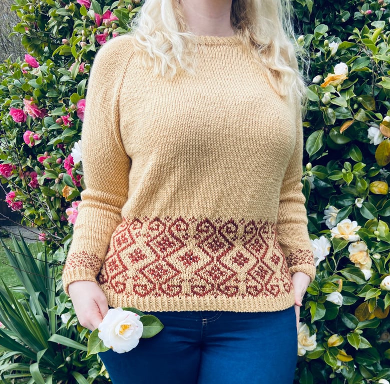 Hand Knit Jumper - gold and red