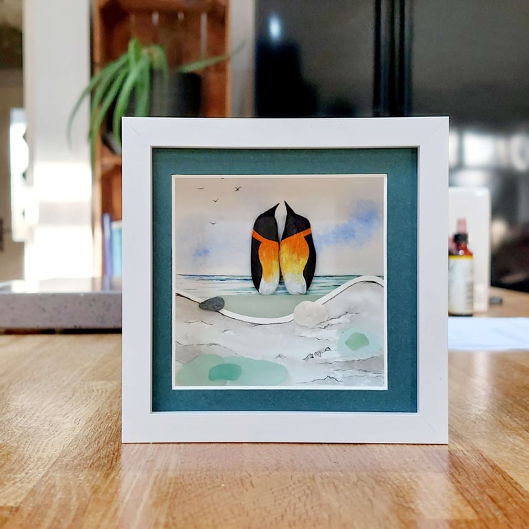 Penguins Desk Art - Original Watercolour - Framed Beach Glass Gift for Friends