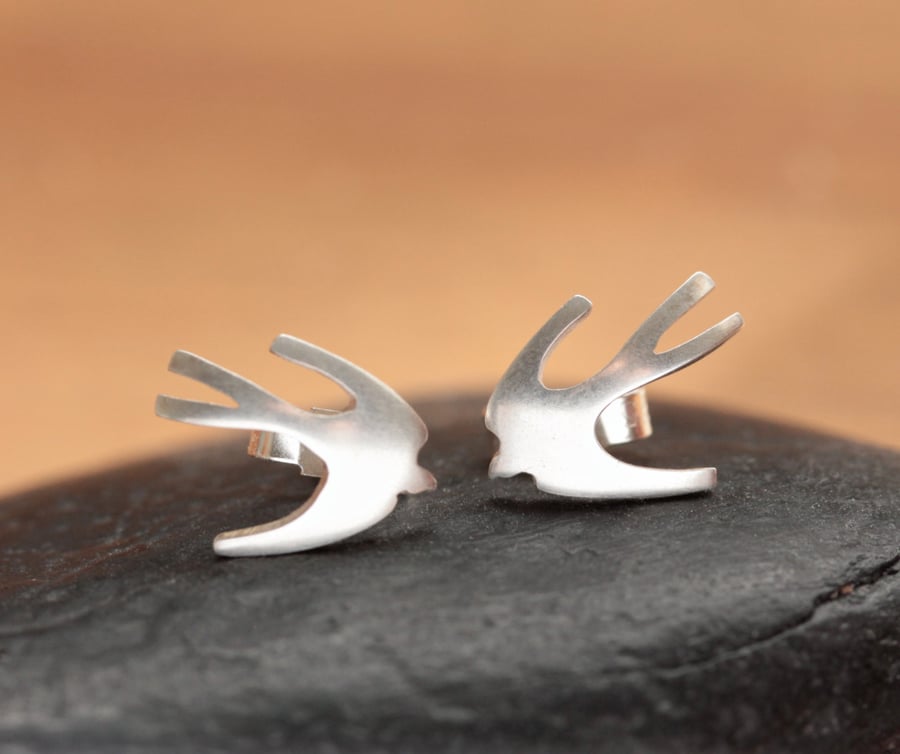 Tiny Swallow Earrings - Silver Bird Studs - Silver Bird Earrings