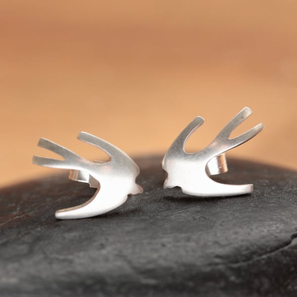Tiny Swallow Earrings - Silver Bird Studs - Silver Bird Earrings