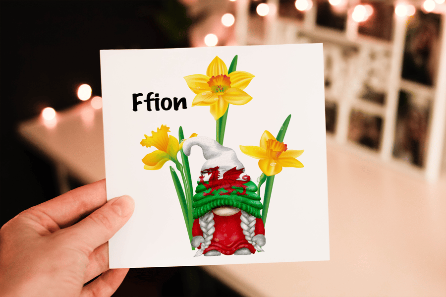 Wales Gnome Daffodil Card, Wales National Flower Card, Custom Card