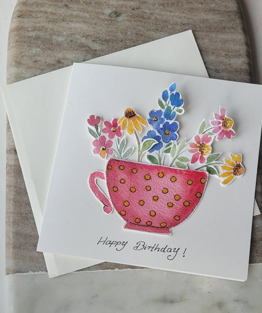Original watercolor greeting card, summer fowers, special occasion, 2D effect