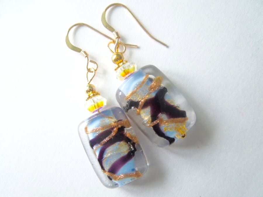 Murano glass blue and gold drop earrings with gold filled wires.