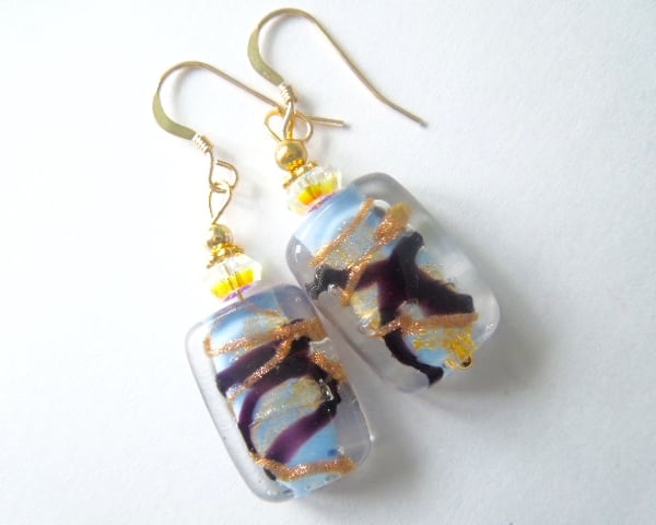 Murano glass blue and gold drop earrings with gold filled wires.
