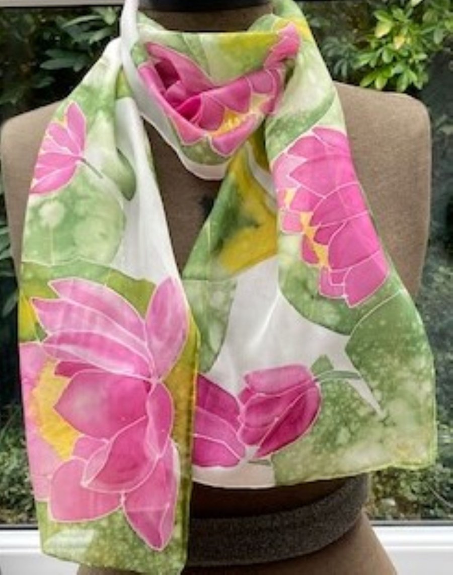 Waterlilies  hand  painted silk scarf 