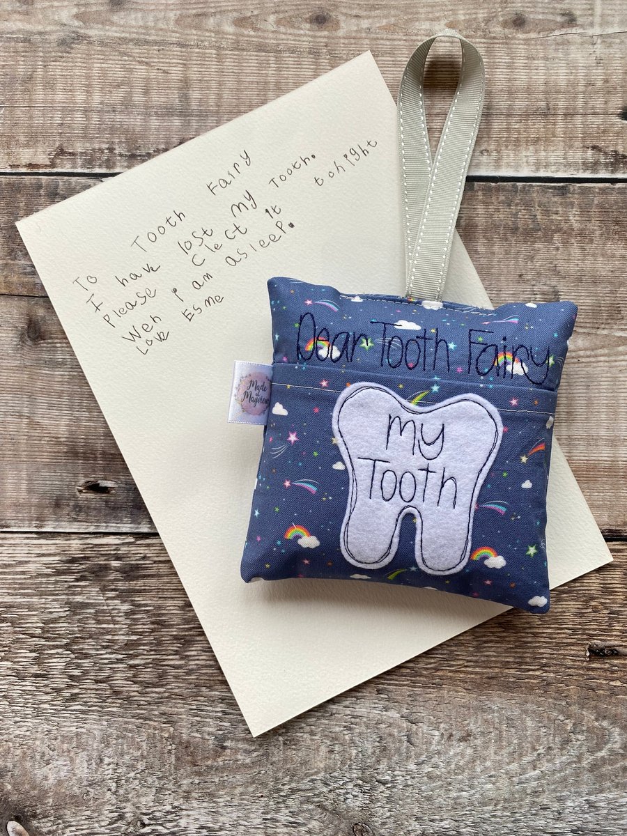 Tooth Fairy Pillow Cushion Blue Mini Rainbows Shooting Stars