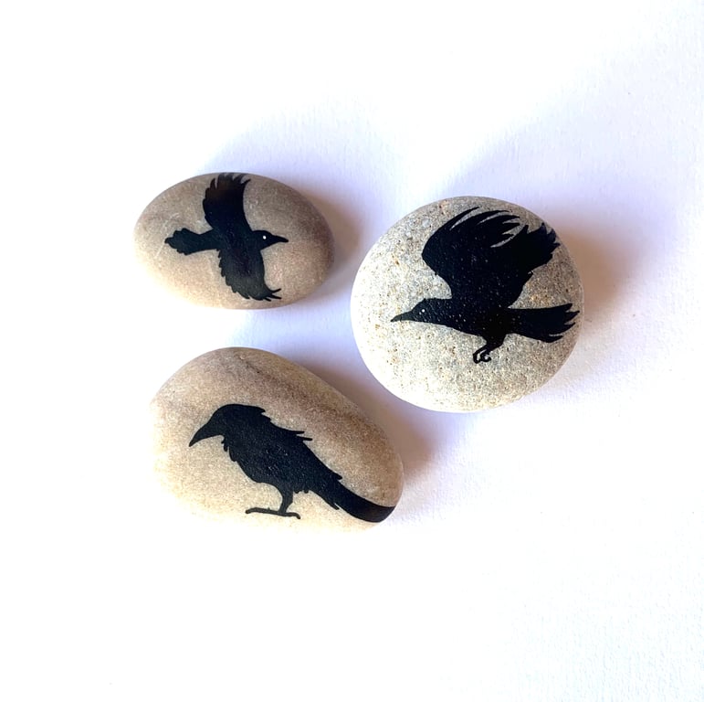Painted Ravens Silhouette Stones Set of 3 - Unique Nature Inspired Bird Gift Art
