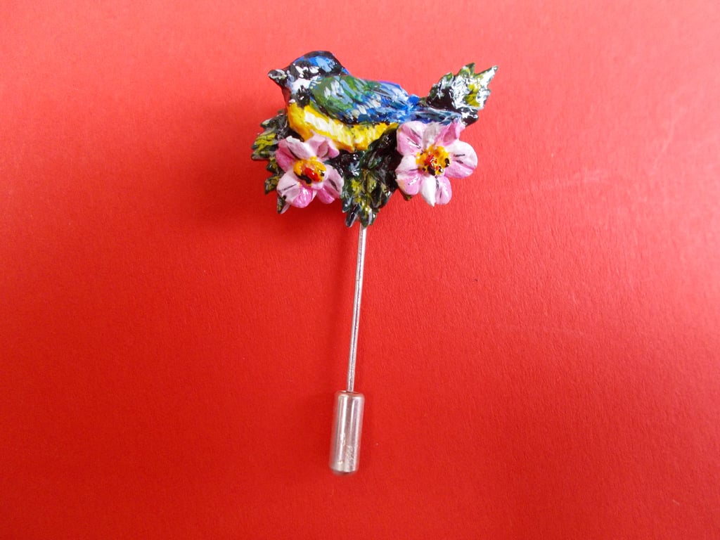 Small BLUE TIT & PINK FLOWERS PIN Garden Bird Lapel Brooch HANDMADE HAND PAINTED