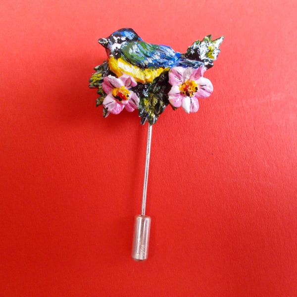 Small BLUE TIT & PINK FLOWERS PIN Garden Bird Lapel Brooch HANDMADE HAND PAINTED