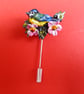 Small BLUE TIT & PINK FLOWERS PIN Garden Bird Lapel Brooch HANDMADE HAND PAINTED