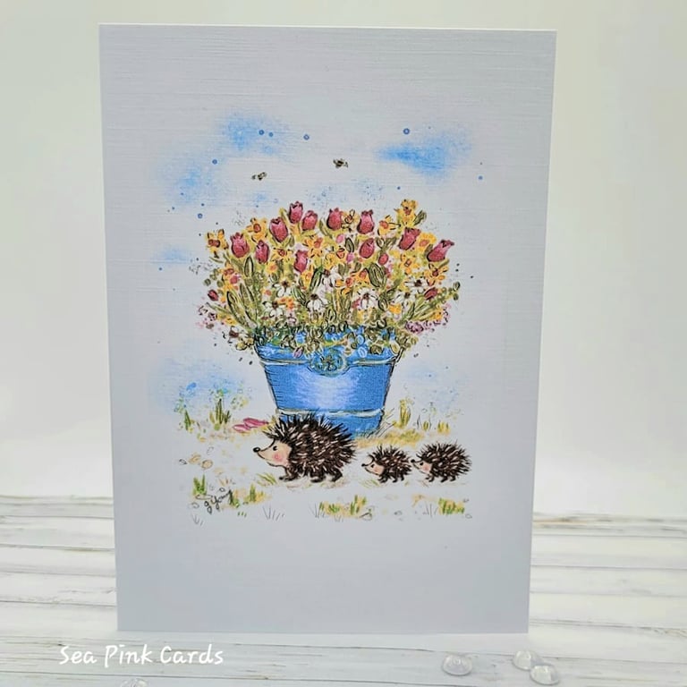 Easter Card - spring, hedgehogs, flowers, blank 