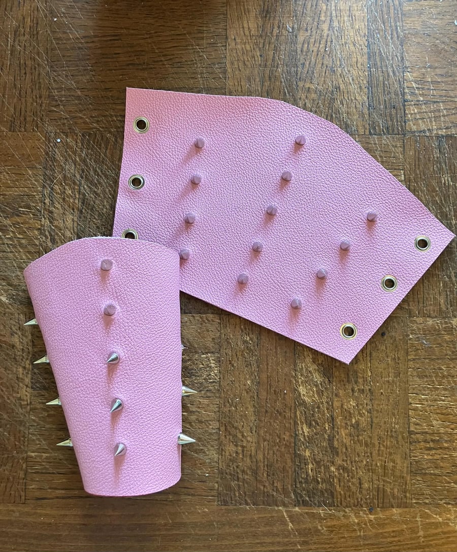 Small Pair - Spiked Bubblegum Cotton Candy Pink Leather Bracers - FREE SHIPPING