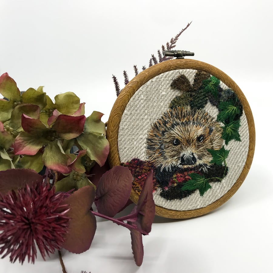 Hand embroidered hoop picture hedgehog