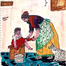Mother and Daughter Bath Time – Traditional mixed media Daily Life Illustration