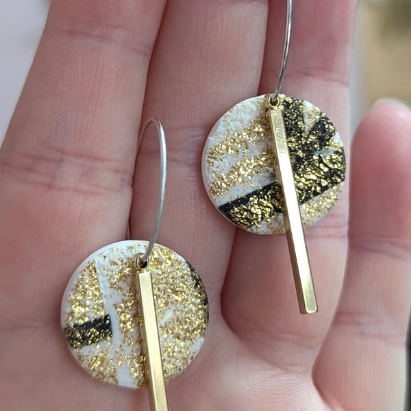 White, gold and black small hoop earrings